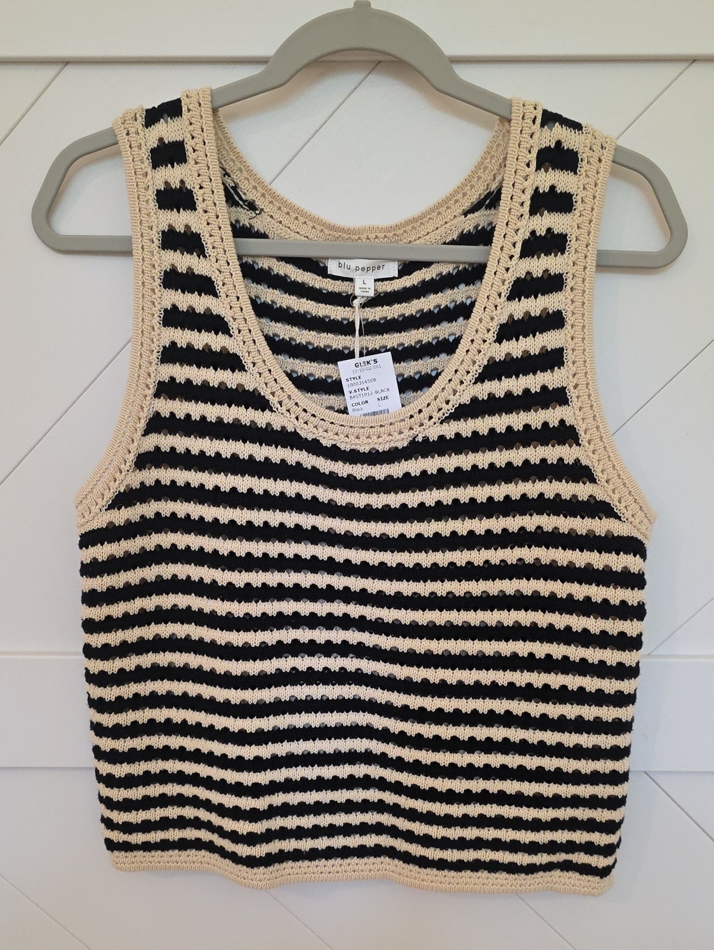 Blu Pepper Black and Cream Striped Crochet Tank